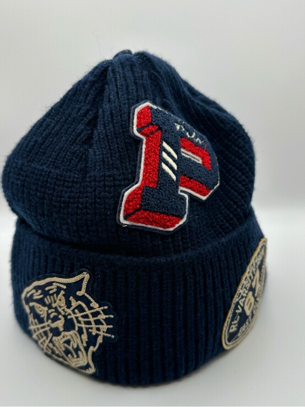 Polo Ralph Lauren Navy Blue Tiger Big P Football Patch Knit Beanie Hat NWT Wool - Picture 5 of 5